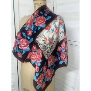 Black Pink Teal Cream Colorful Floral 100% Silk 27” Square Scarf